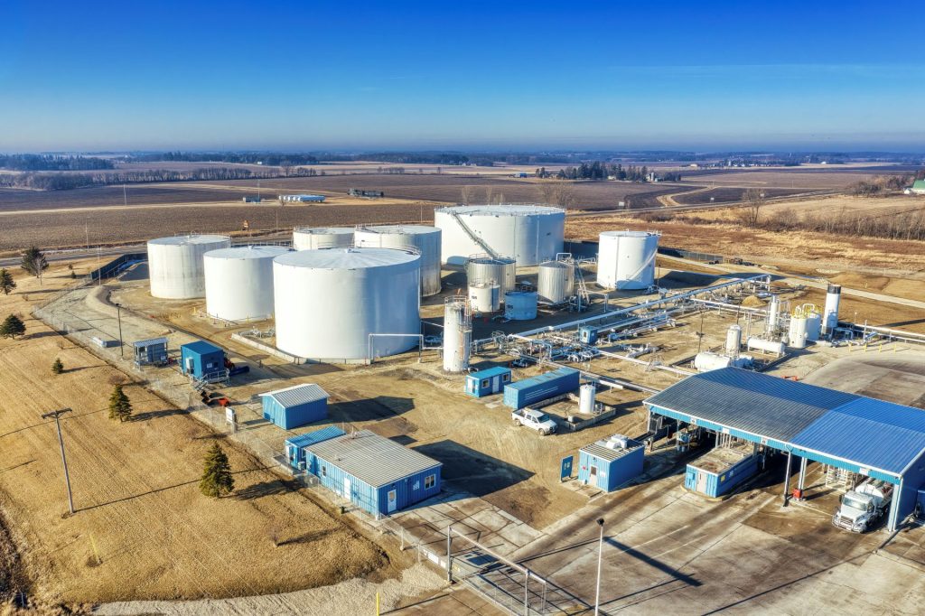 Aerial view of a manufacturing plant in Eyota, MN, highlighting industrial structures and machinery.